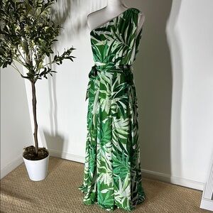 Green Leaf Print One-Shoulder Dress